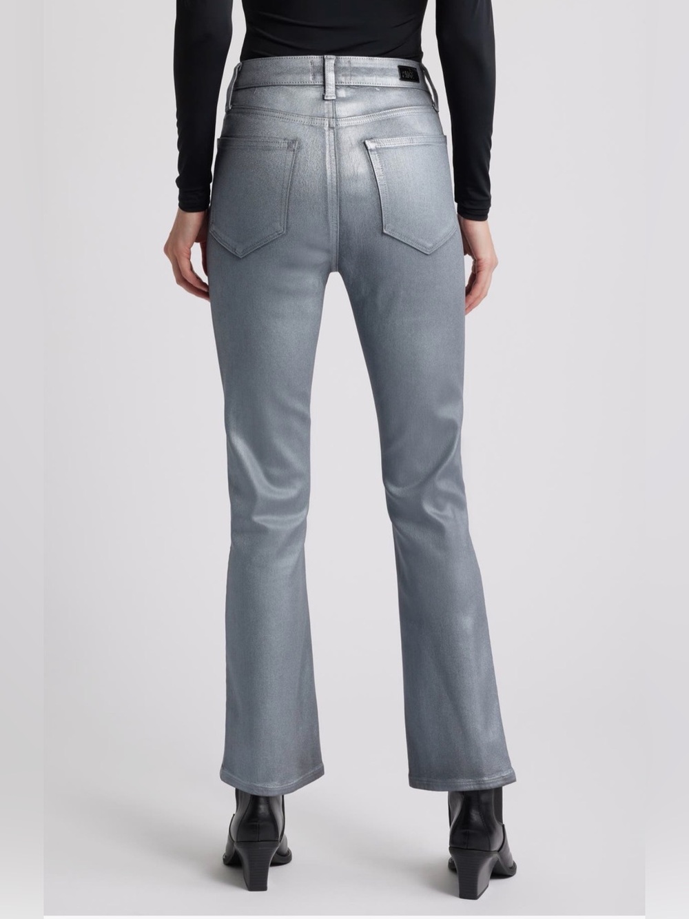 NWT PAIGE Claudine Silver Shimmer Metallic Coated High Rise Flare Jeans - Picture 3 of 17